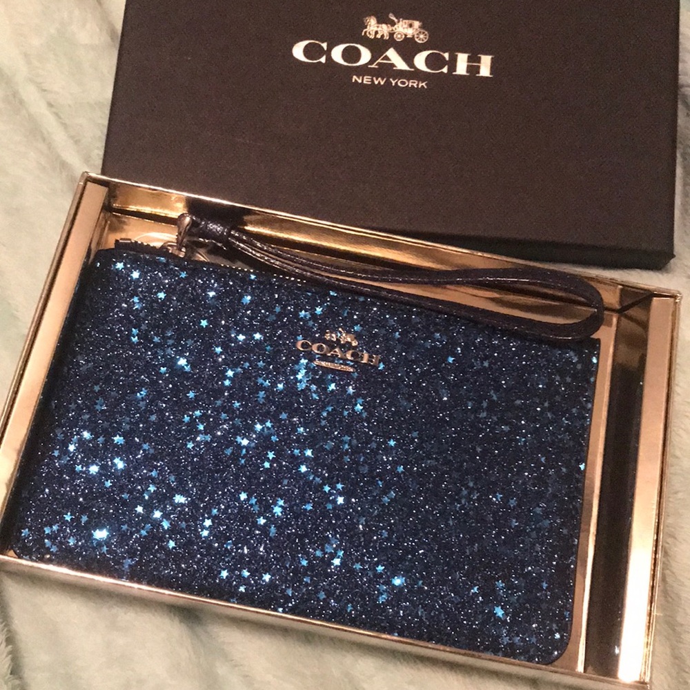 blue glitter coach wristlet